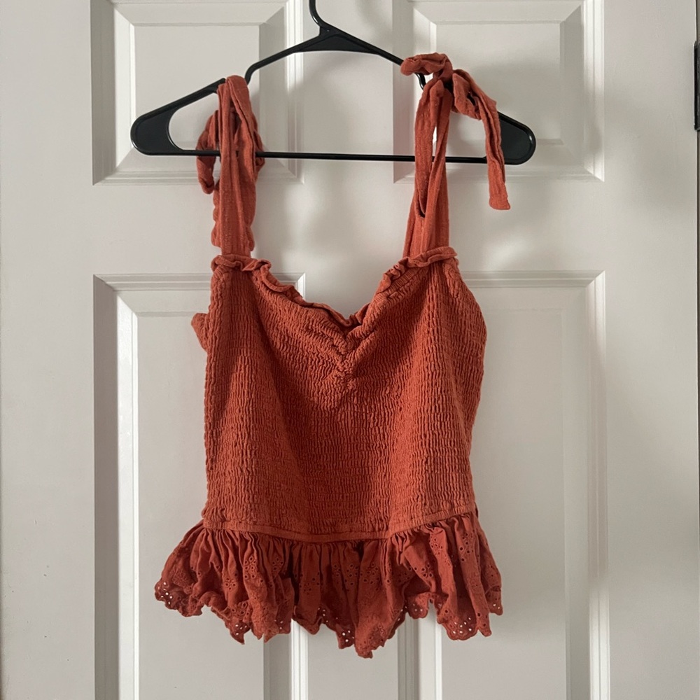 Arula Smocked Burnt Orange Babydoll Peplum Shirt
